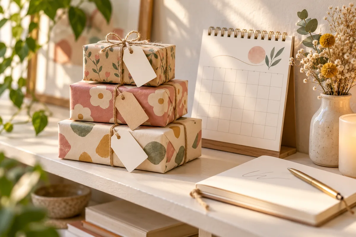A small stack of wrapped gifts with name cards beside a calendar on a shelf