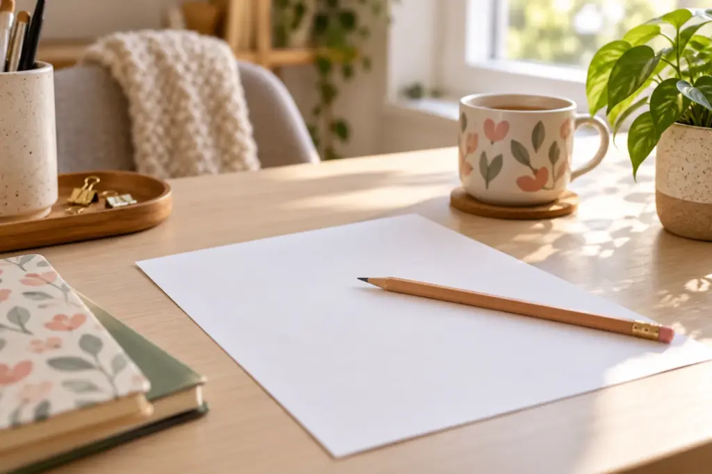 A pencil resting across a sheet of blank paper beside a mug on a desk