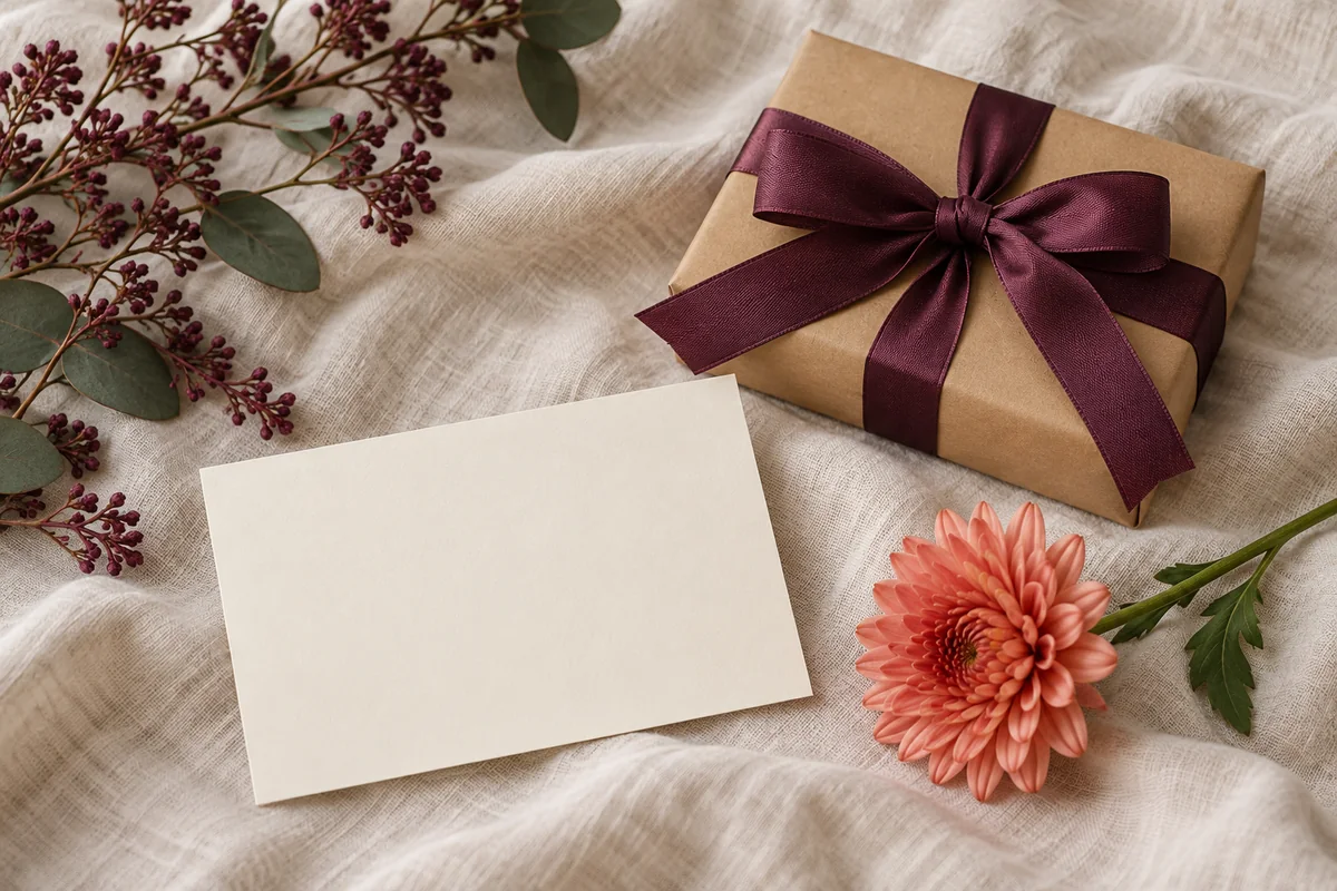 A blank card and a wrapped gift with a ribbon on a linen cloth.