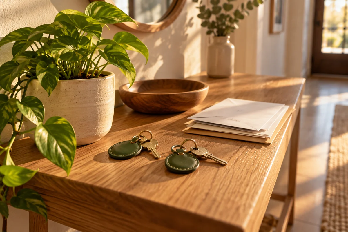 A set of two key fobs with plain keys resting on a hallway table beside a small plant.