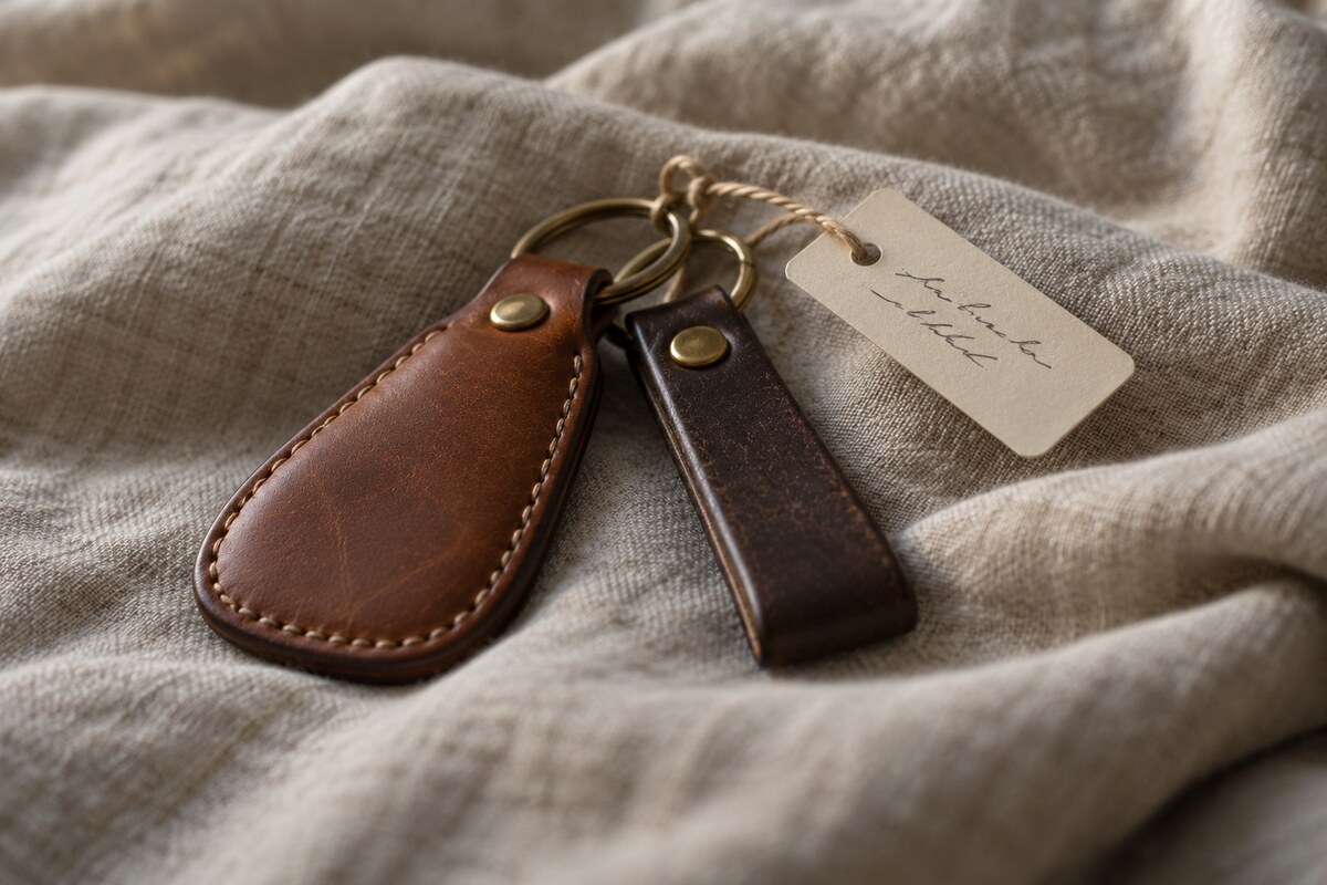 A small gift tag with illegible handwriting tied to a keychain
