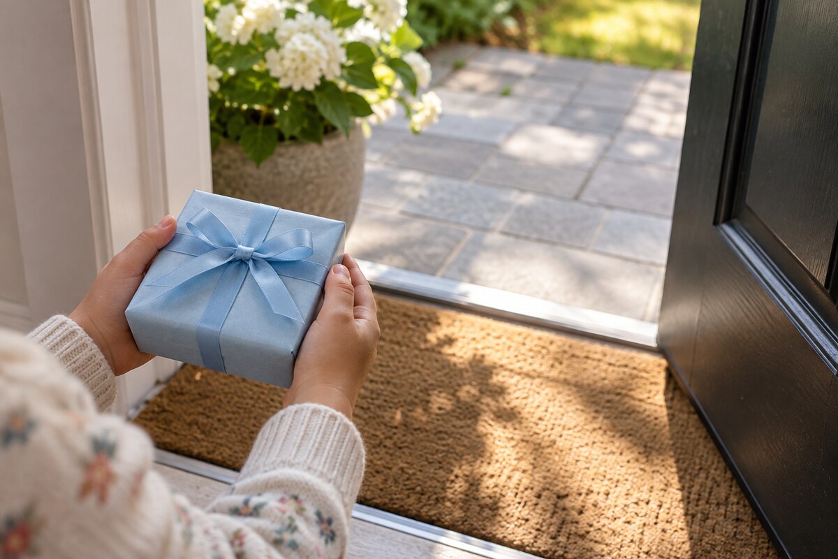 A child's hands holding a small wrapped gift at a front door