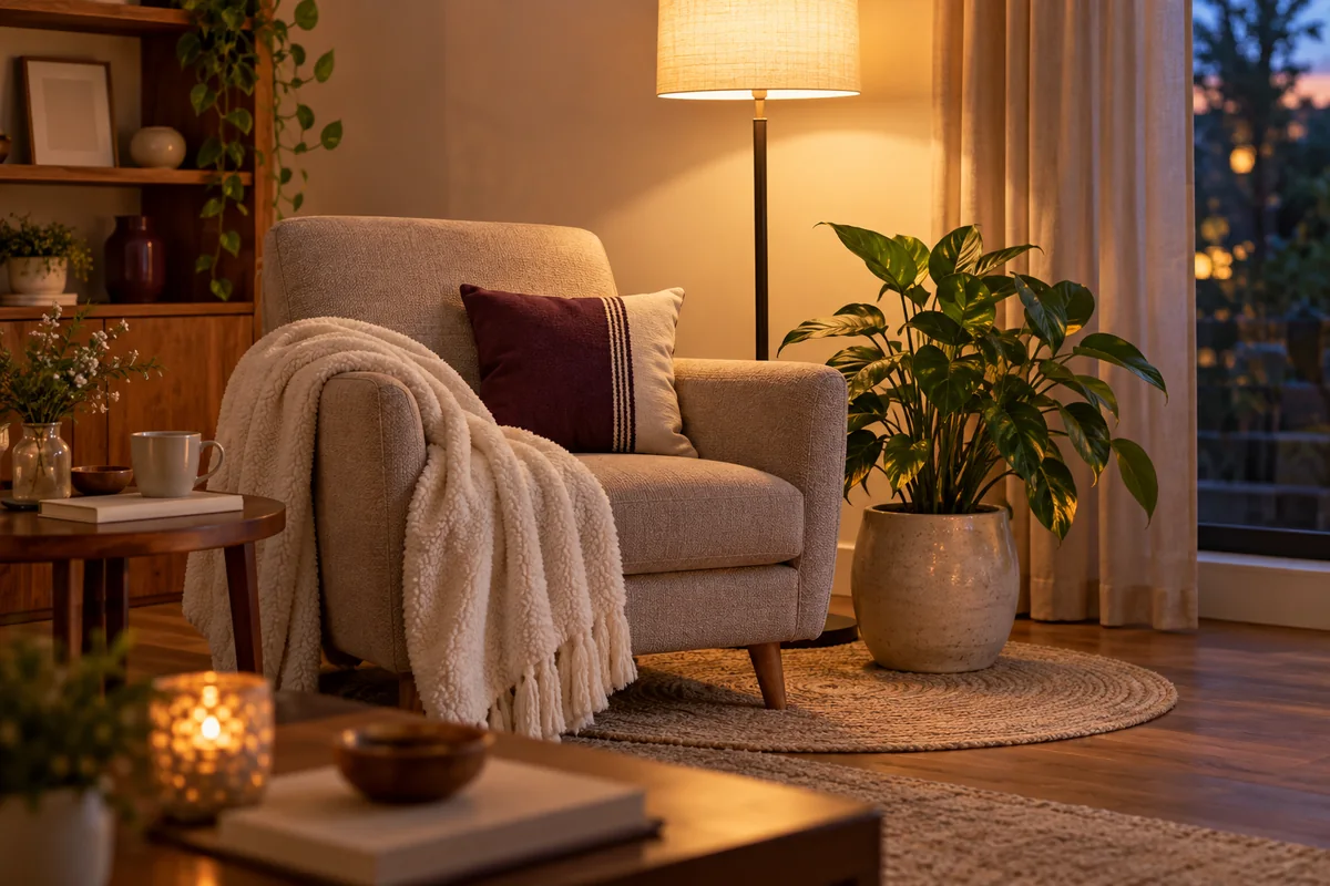 A small apartment living room with a fleece blanket on an armchair and a pillow