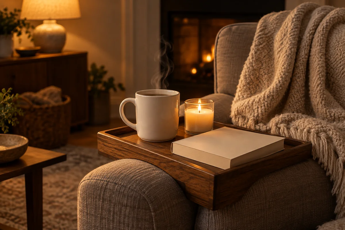 A plain mug on a tray beside a lit candle jar and a folded knit throw on an armchair.