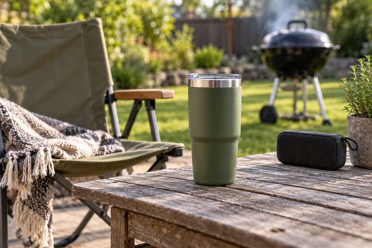 A matte tumbler on a patio table beside a folding chair and a small portable speaker.