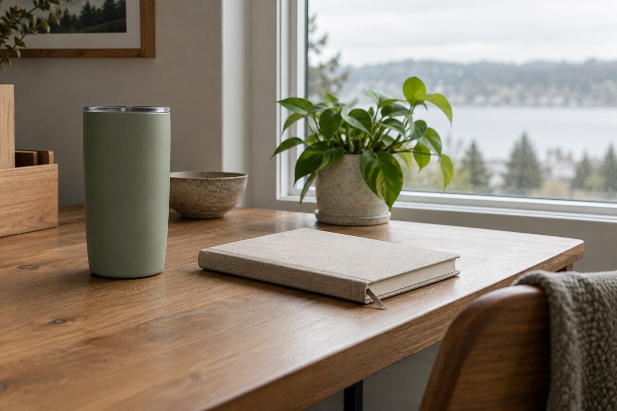A matte tumbler and a closed notebook on a tidy desk beside a window