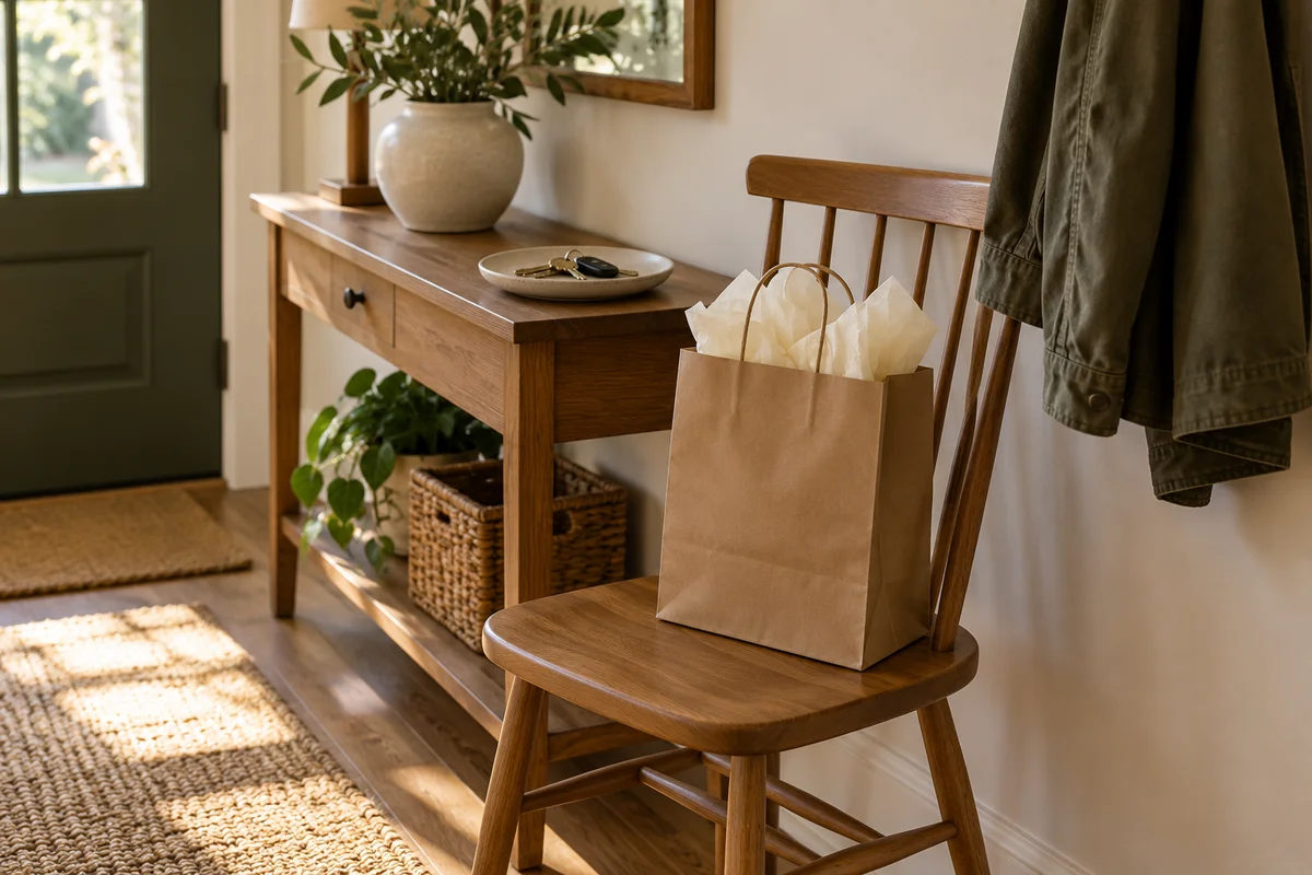 A small paper bag with tissue paper on a hallway chair next to a pair of house keys.
