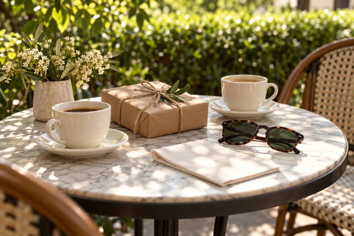 A cafe table with two cups, a small wrapped gift and a pair of sunglasses.