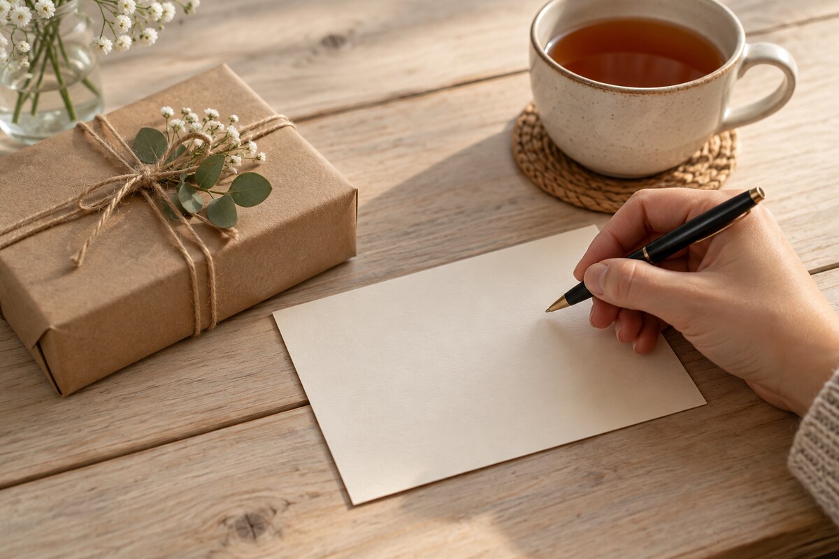 A hand holding a pen above a blank card beside a wrapped parcel and a cup of tea