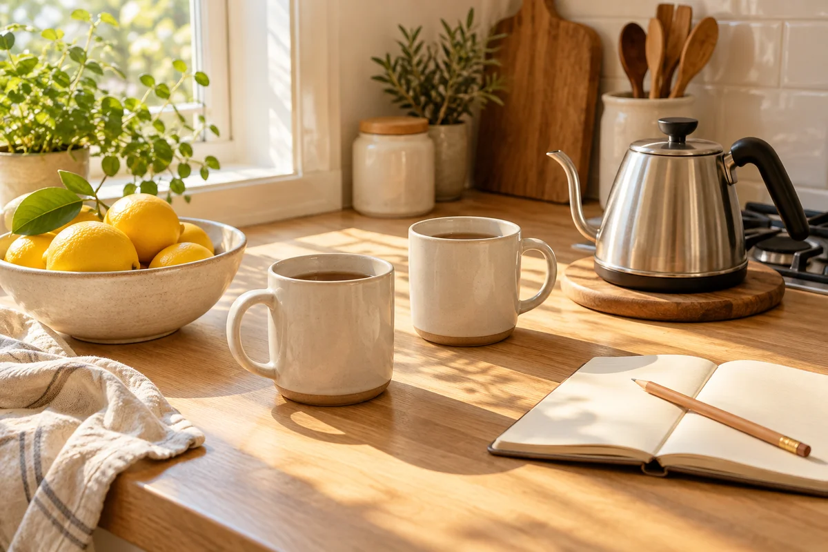 Two plain mugs beside a kettle on a warm kitchen counter.