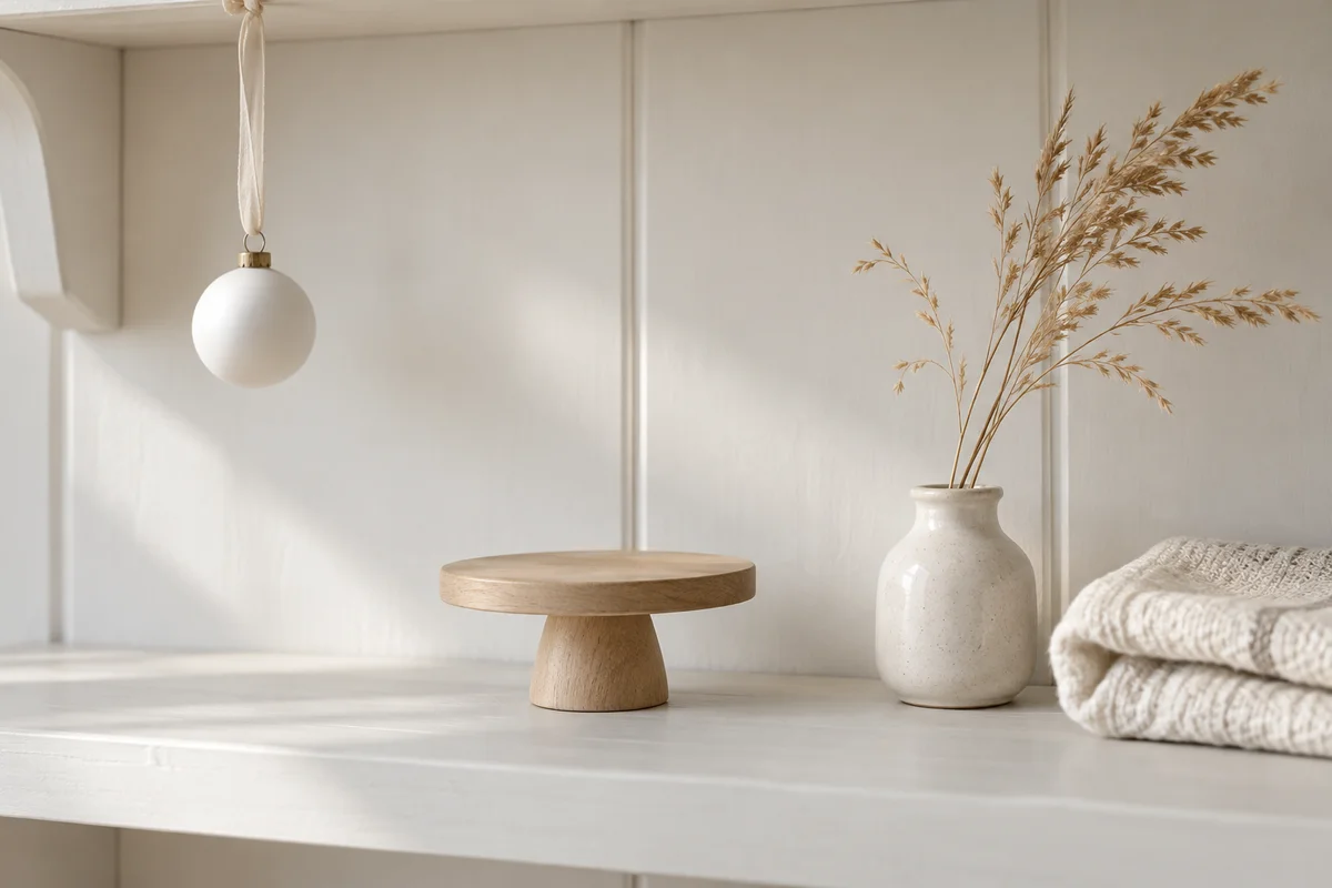 A small plain round ornament beside an empty stand on a pale shelf.