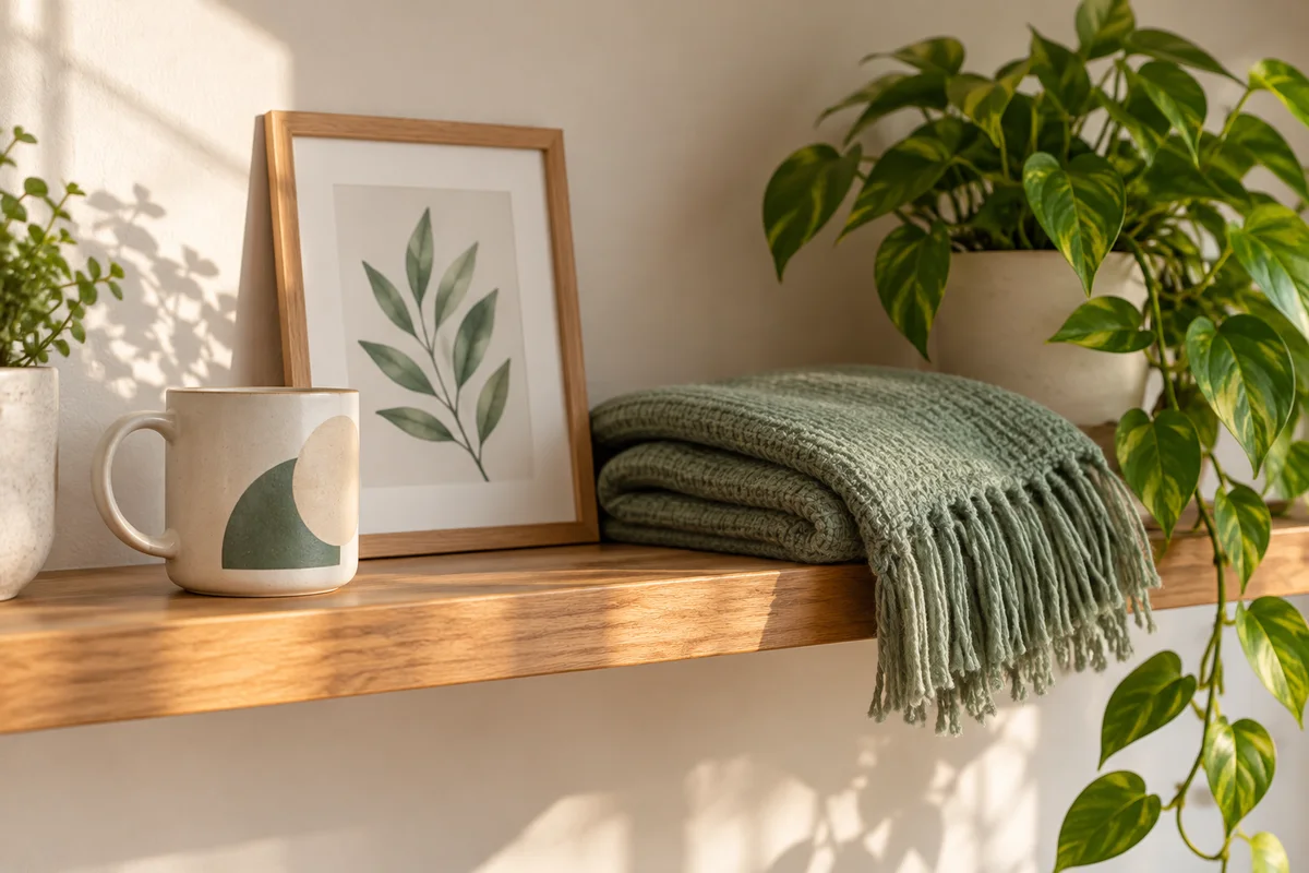 A neatly arranged shelf with a plain mug, a small framed print and a folded throw