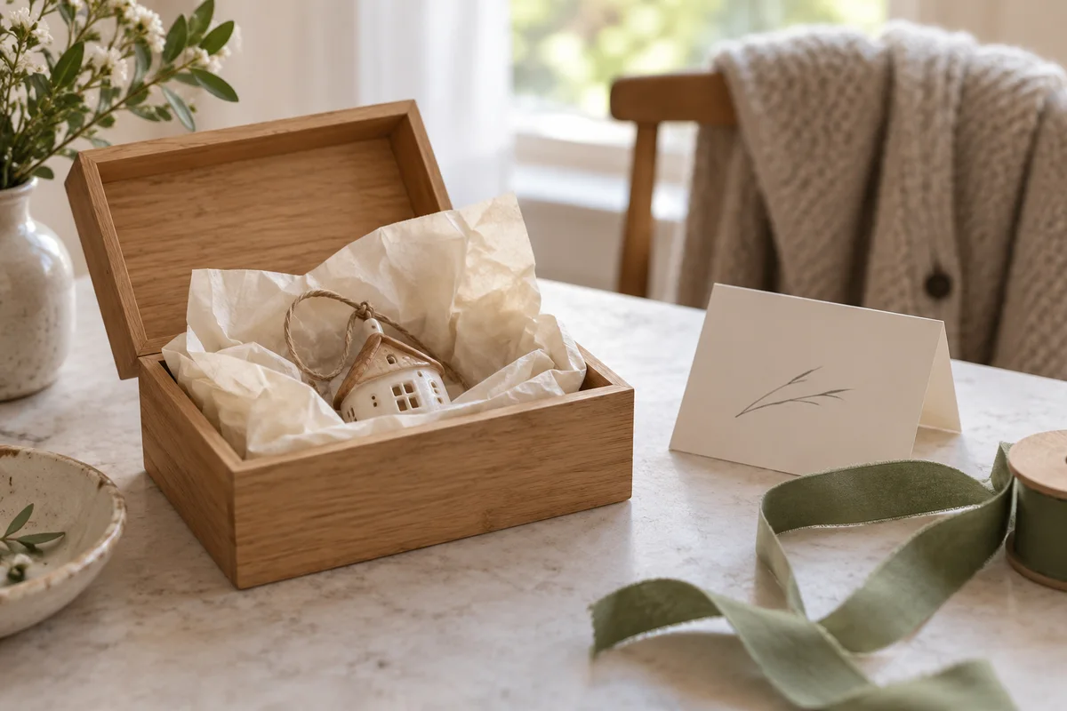 A small box lined with tissue paper holding a wrapped ornament beside a folded blank card.