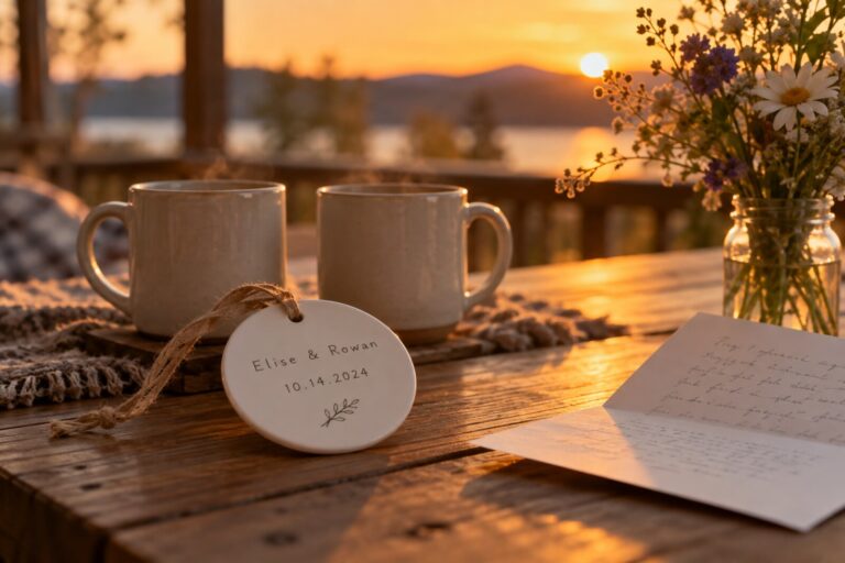 A couple's mugs, a keepsake ornament and a handwritten note on a table at golden hour.