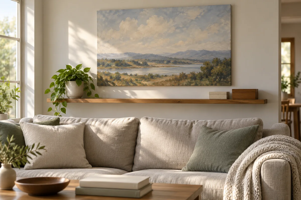 A living room wall with a framed canvas above a sofa and a shelf of small keepsakes.