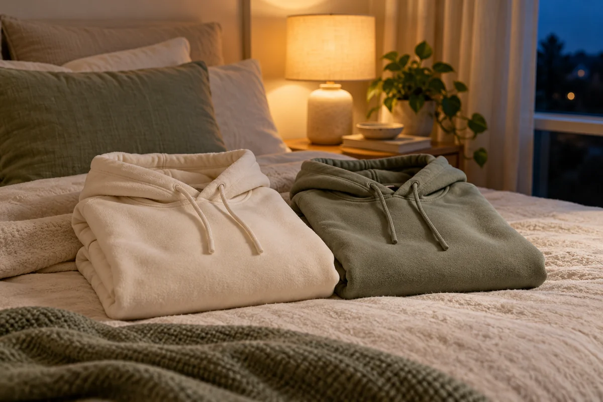 Two folded hoodies side by side on a bed with a bedside lamp glowing.