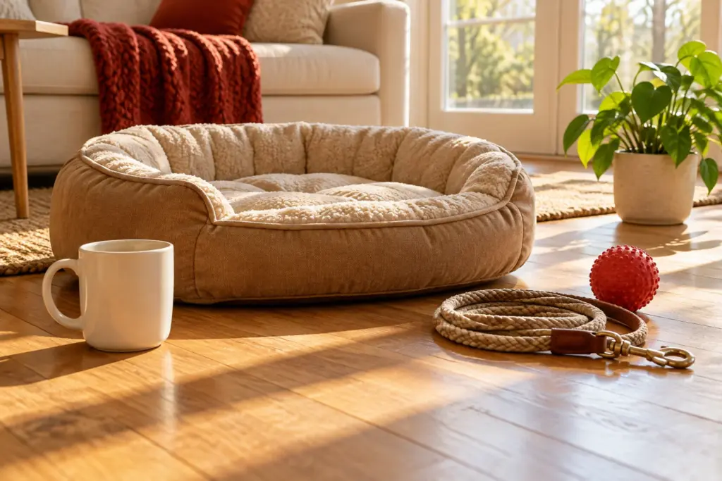 A plain mug, a leash and a dog bed with a ball on a sunny living room floor.