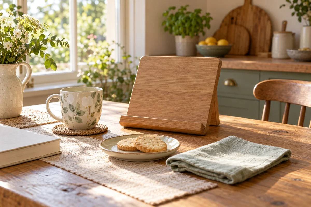 A tablet stand on a kitchen table beside a mug and a plate of biscuits.