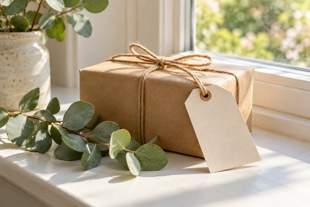 A blank gift tag and a small wrapped parcel tied with twine on a windowsill