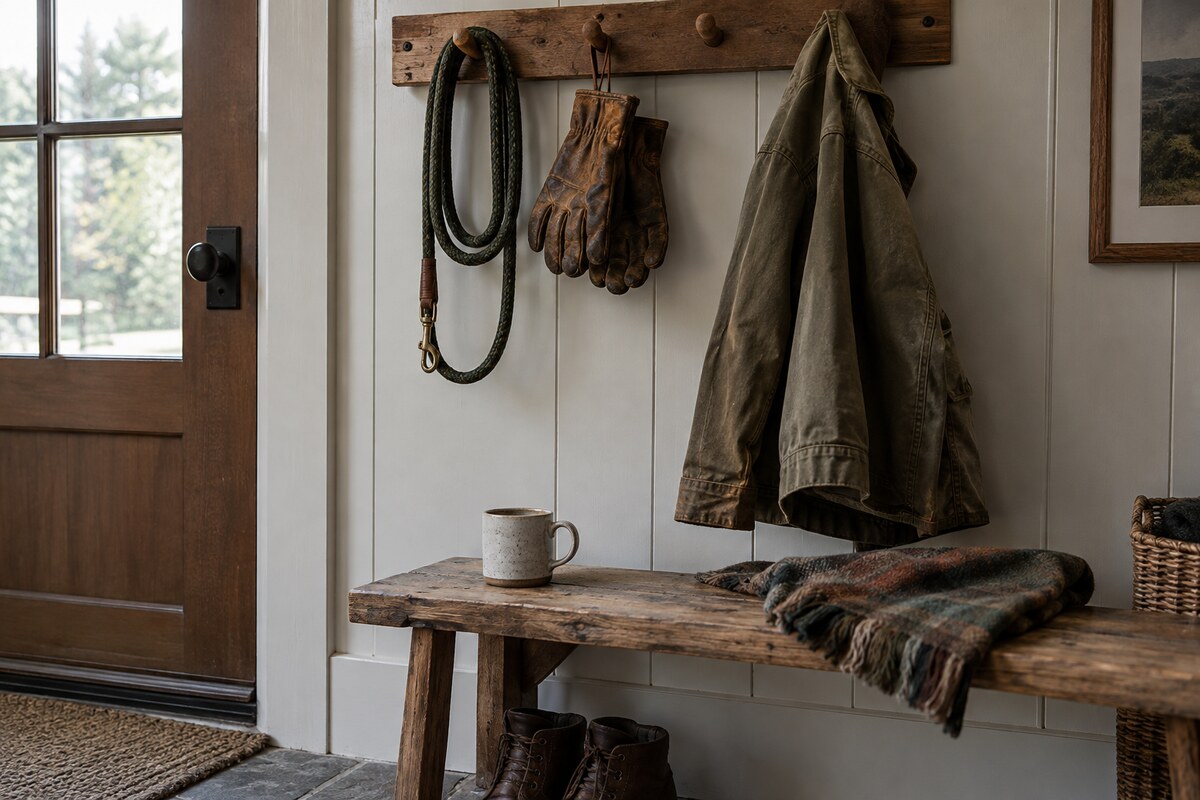 A dog leash and a pair of worn work gloves on a hook beside a coat in an entryway