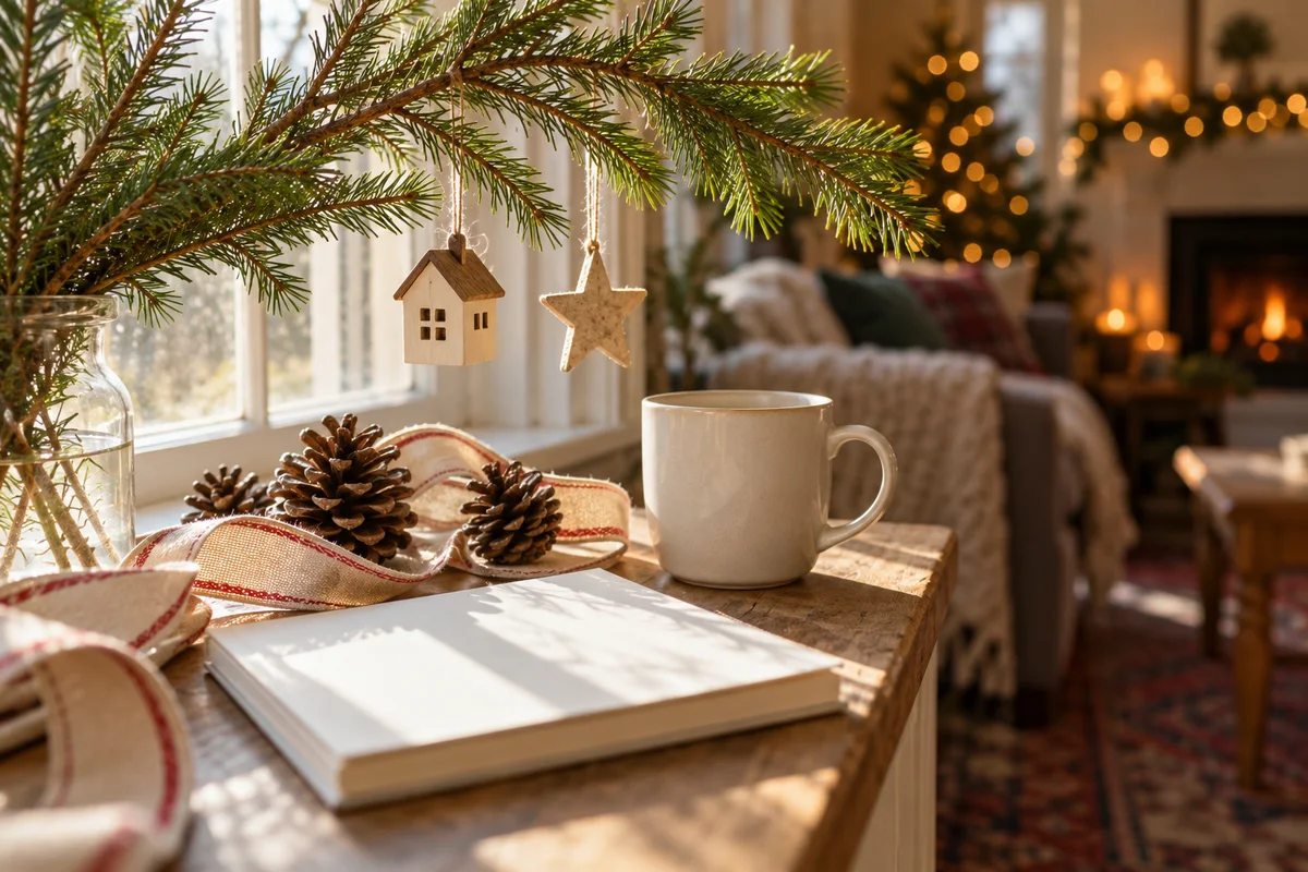 Two small ornaments hanging on a branch beside a mug on a windowsill.