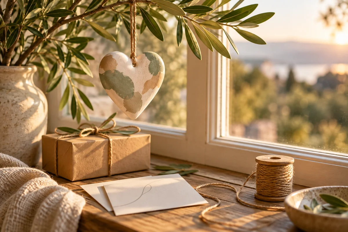 An ornament hanging from a branch beside a window with a gift box on a ledge.