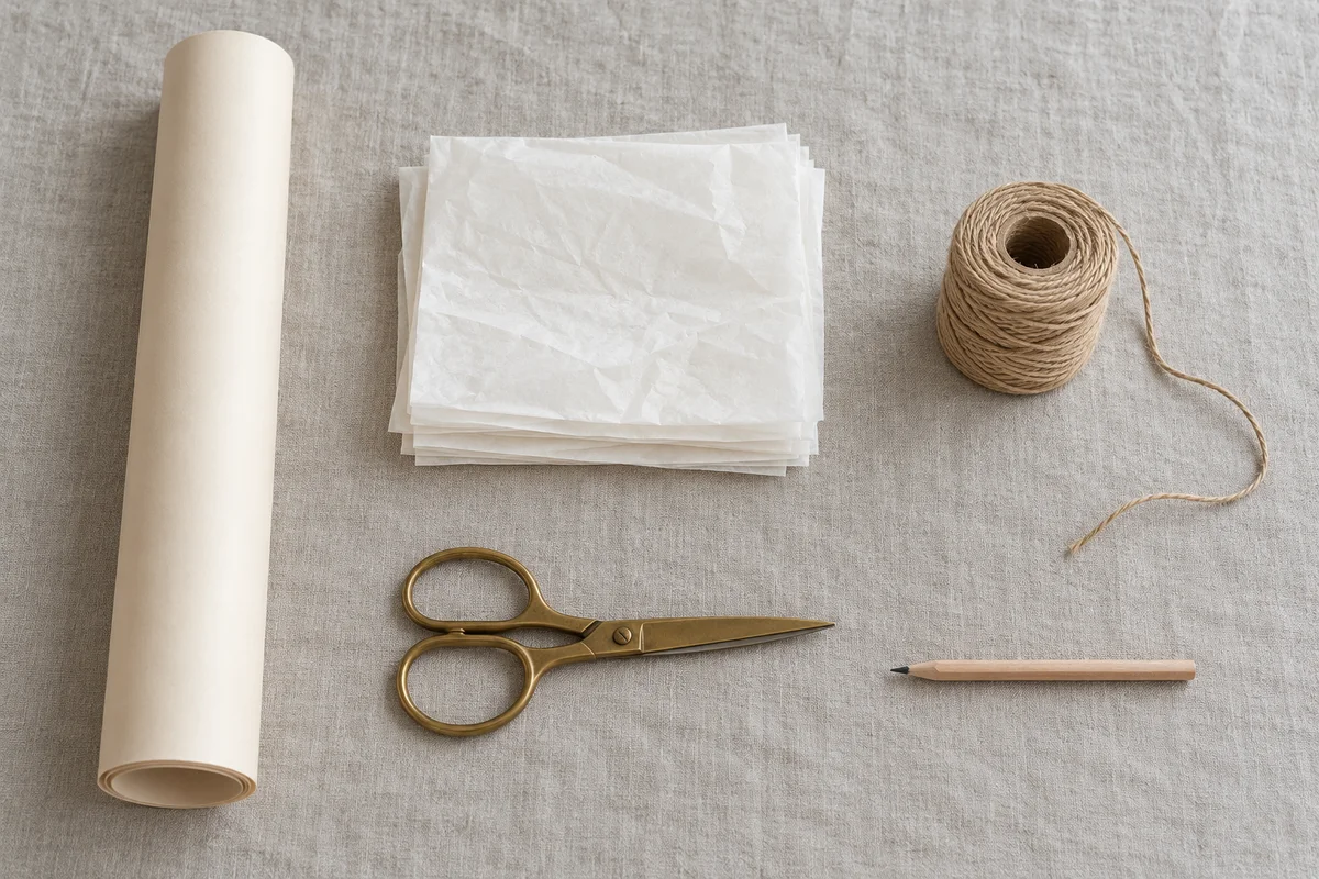 A roll of plain paper, tissue, twine and scissors laid out neatly on a cloth.