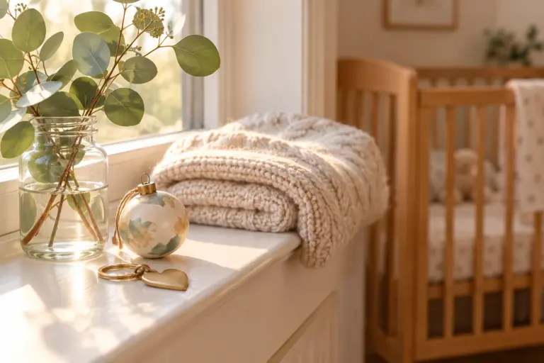 A baby-themed ornament, a small keychain and a knit blanket on a nursery windowsill in soft morning light.