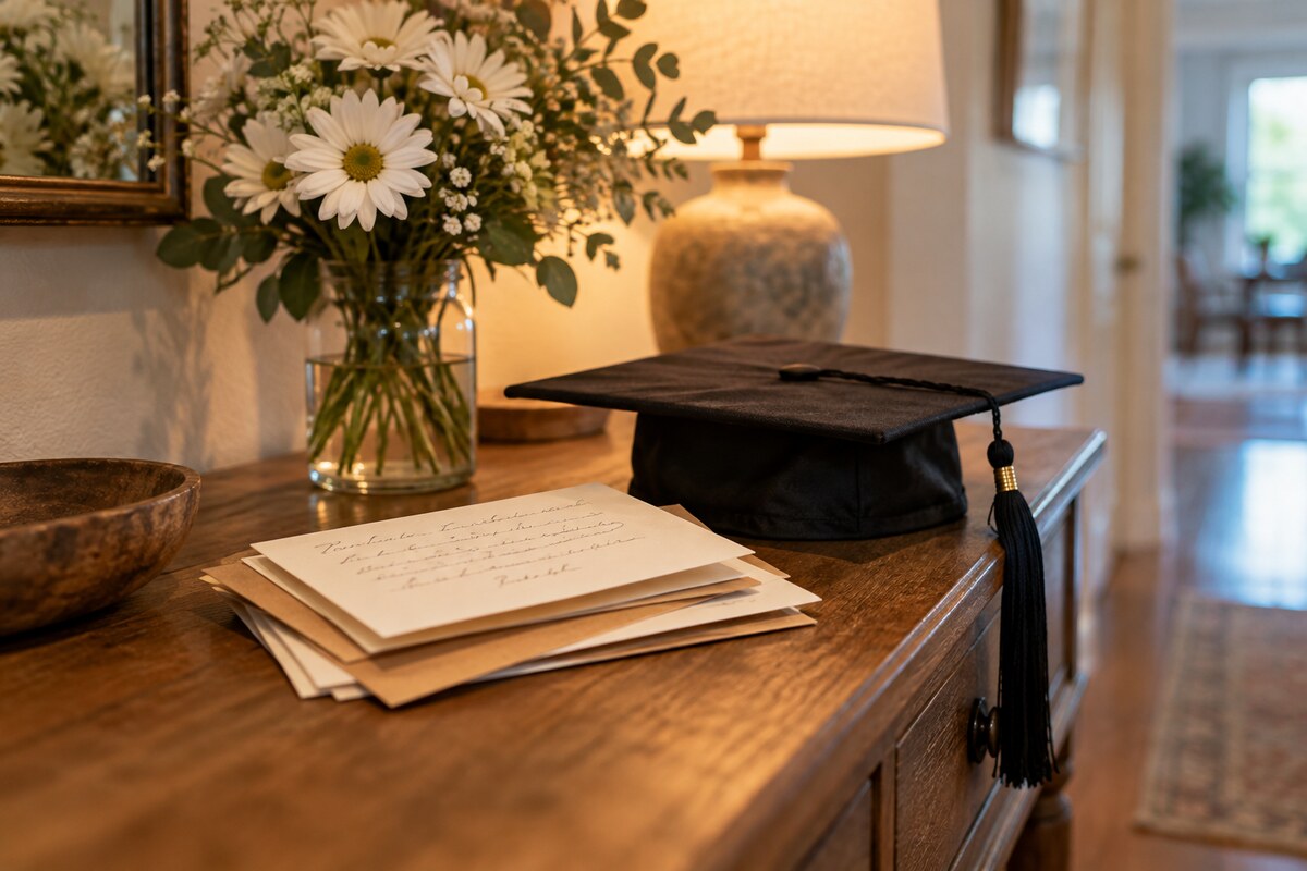 A stack of cards on a hallway table next to a graduation cap
