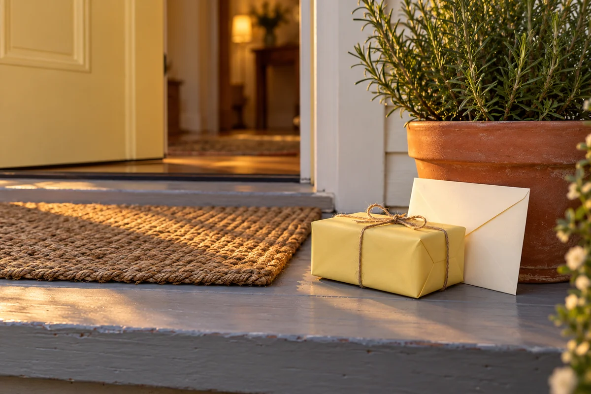 A small wrapped gift and a blank envelope leaning against a rosemary pot on a front step.