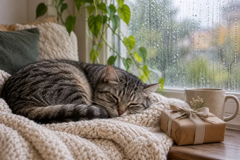 A tabby cat curled on a knitted blanket next to a wrapped gift and a mug by a window.