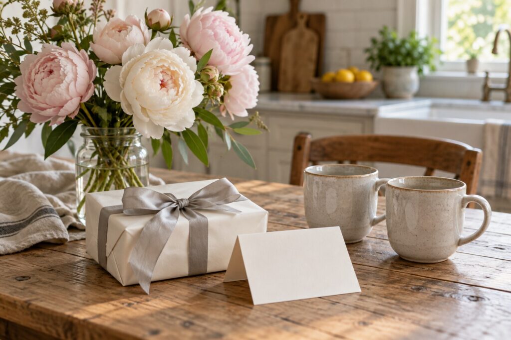 A small wrapped gift with a blank card beside two coffee cups and a bunch of pale flowers.