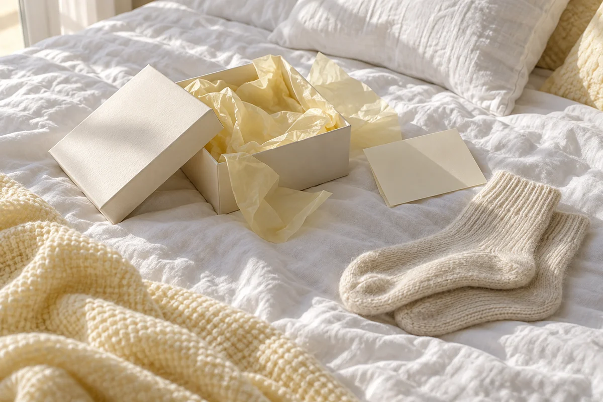 A plain gift box with the lid beside it and a folded cream card on a bedspread.
