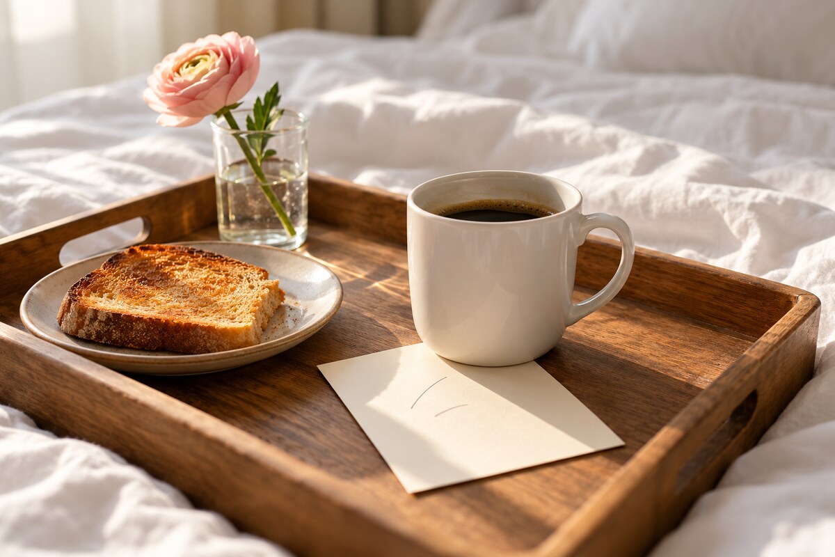 A folded handwritten note tucked under a coffee cup on a breakfast tray