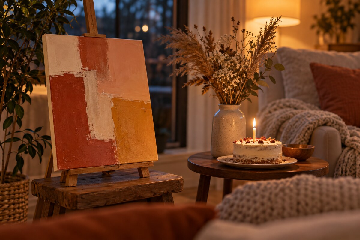 A framed canvas on an easel beside a small cake with one lit candle