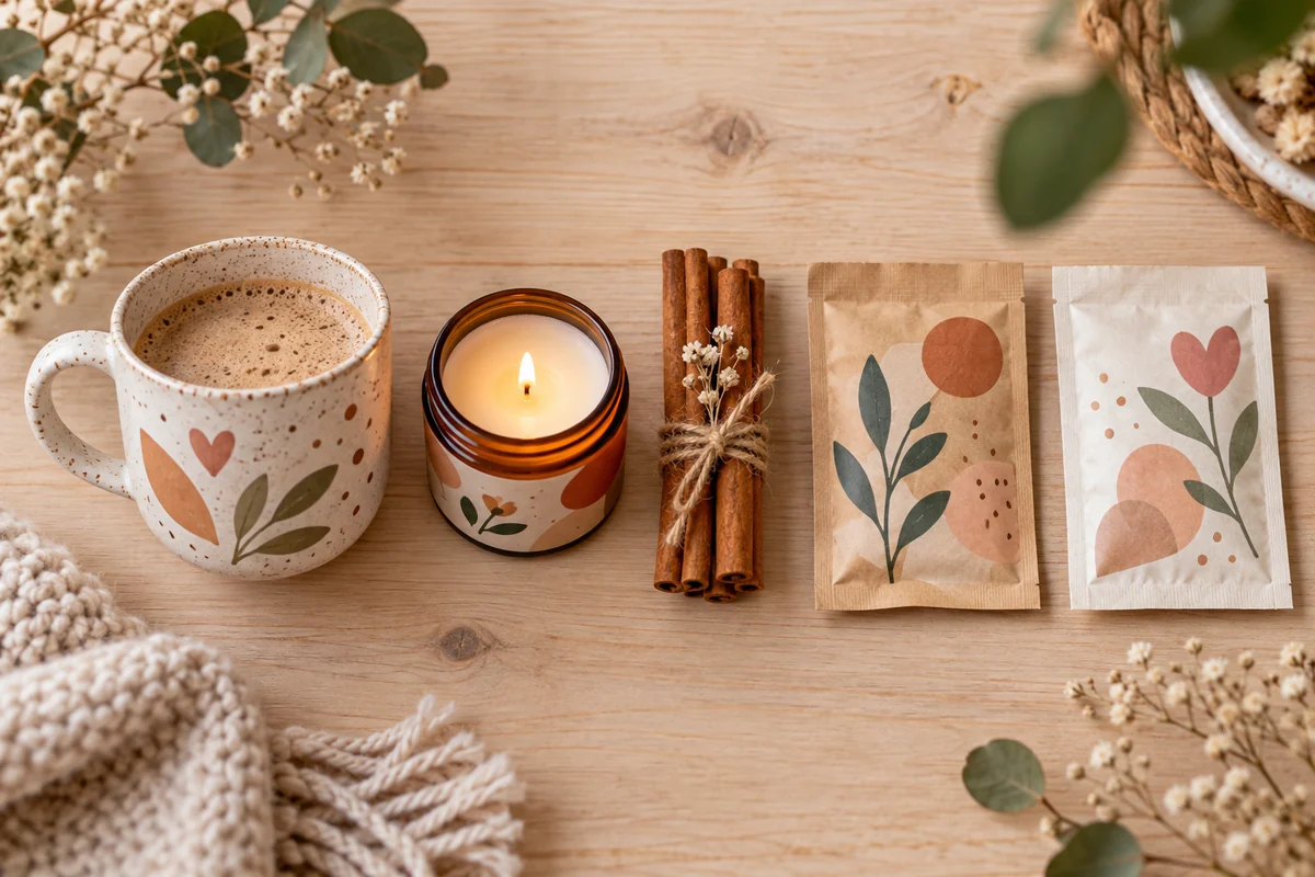 A mug, a jar candle and a bundle of cinnamon sticks laid out on a table before packing