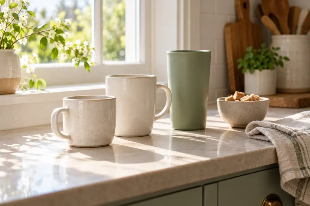 Two plain mugs and a plain tumbler lined up on a kitchen counter beside a window.