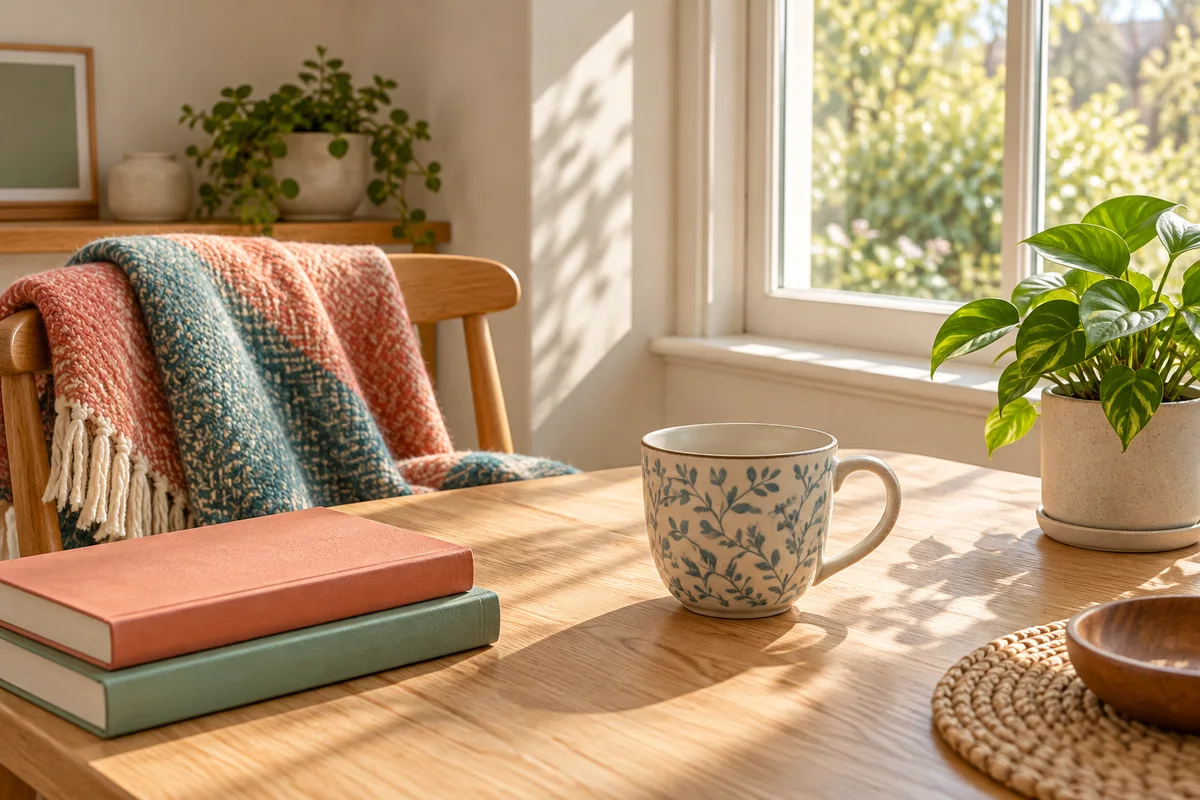 A quiet morning table with an empty mug, a folded blanket and a small plant beside a window.