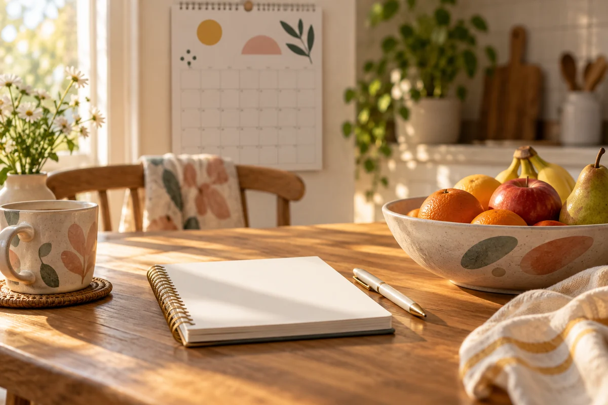 A calendar and a notepad with a pen on a kitchen table
