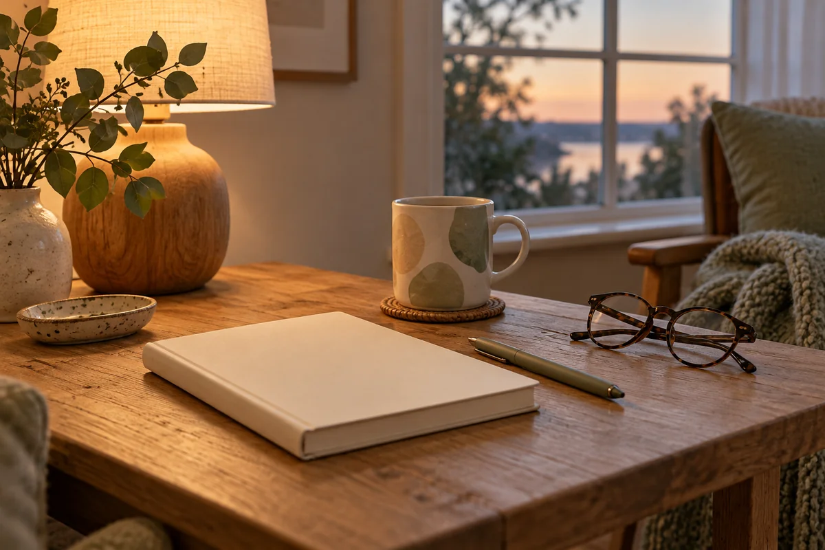 A notebook and a pen on a small table beside a mug and a pair of reading glasses.