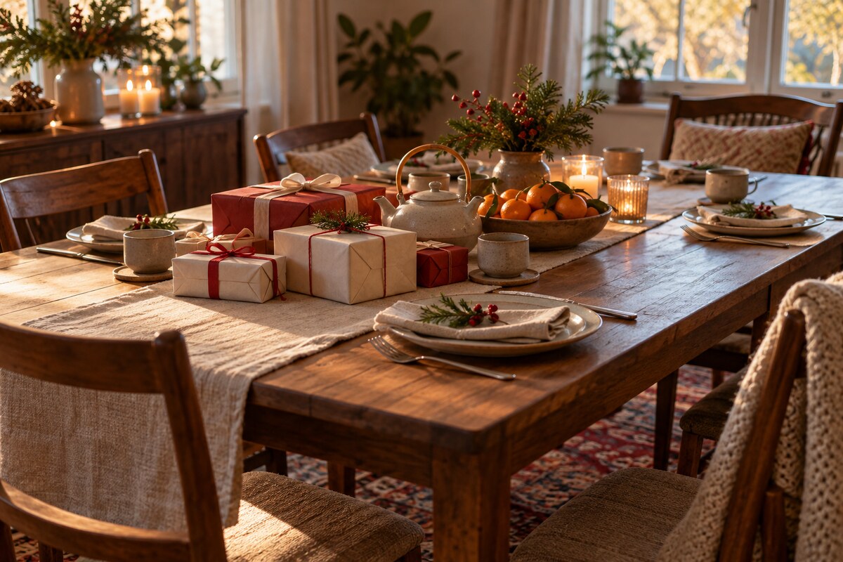 A family dining table set with wrapped gifts, a teapot and a bowl of clementines in warm light