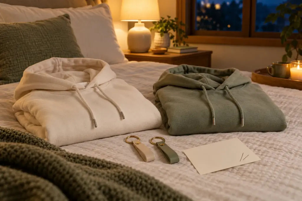 Two matching keychains and a pair of folded hoodies placed side by side on a bed beside a blank card.