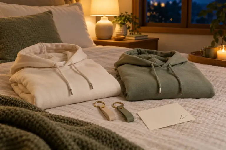 Two matching keychains and a pair of folded hoodies placed side by side on a bed beside a blank card.