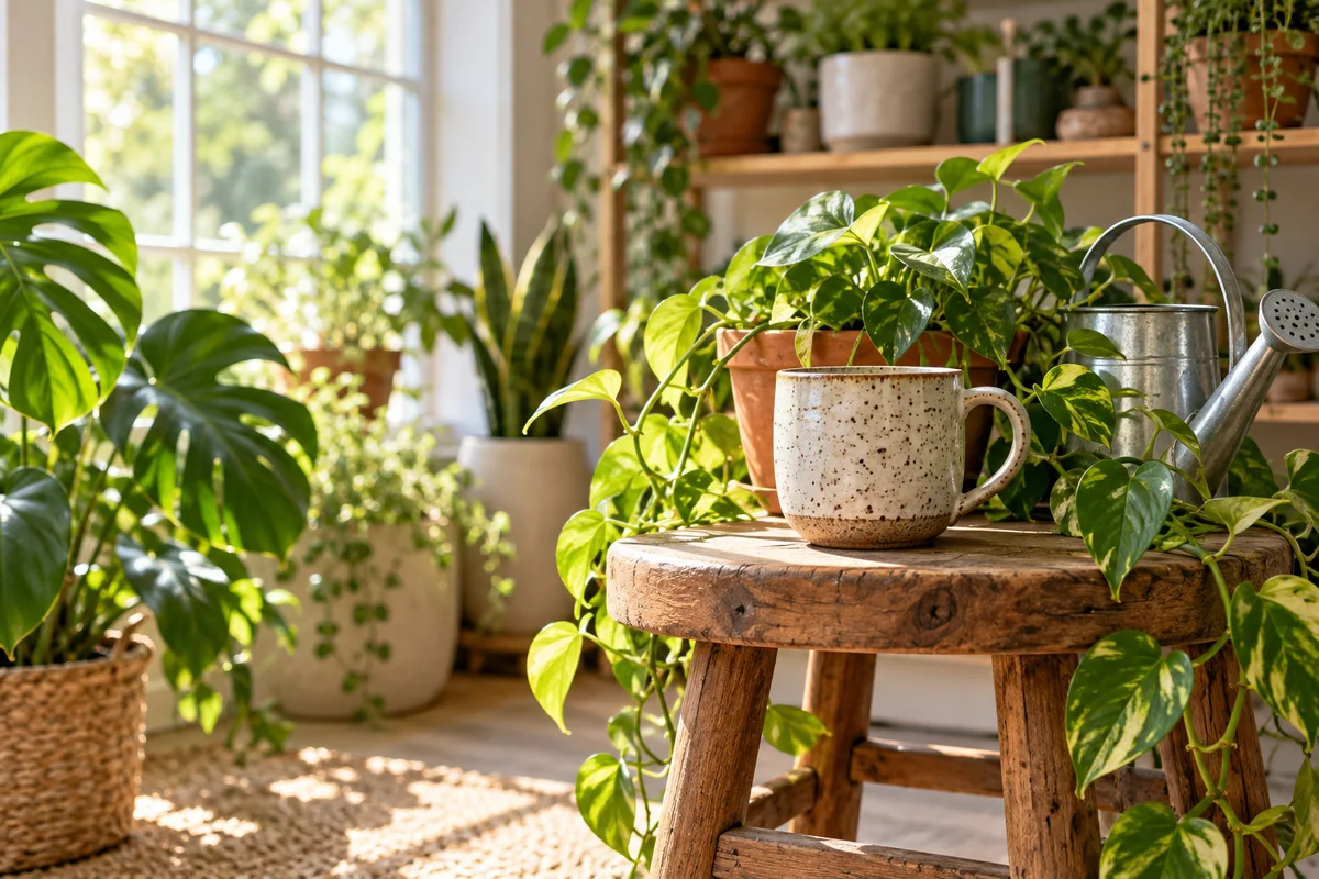 A speckled mug on a stool among trailing houseplants in a bright room.