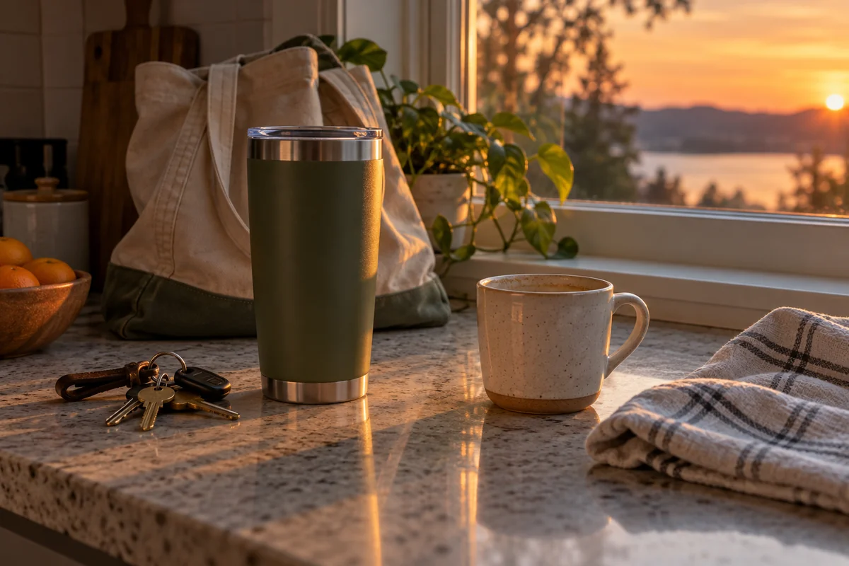 A tired-looking kitchen counter at dusk with a travel tumbler, a house key and a tote bag.