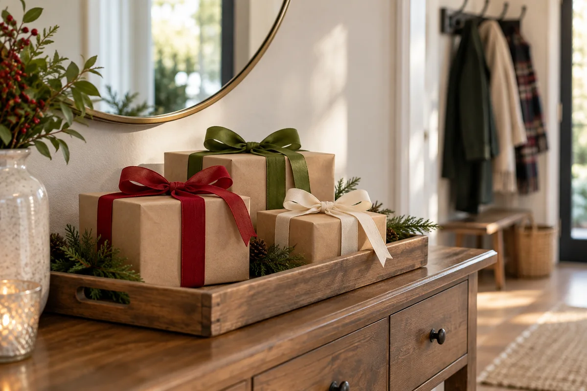 Three small matching gift boxes tied with different coloured ribbons on a hallway table.