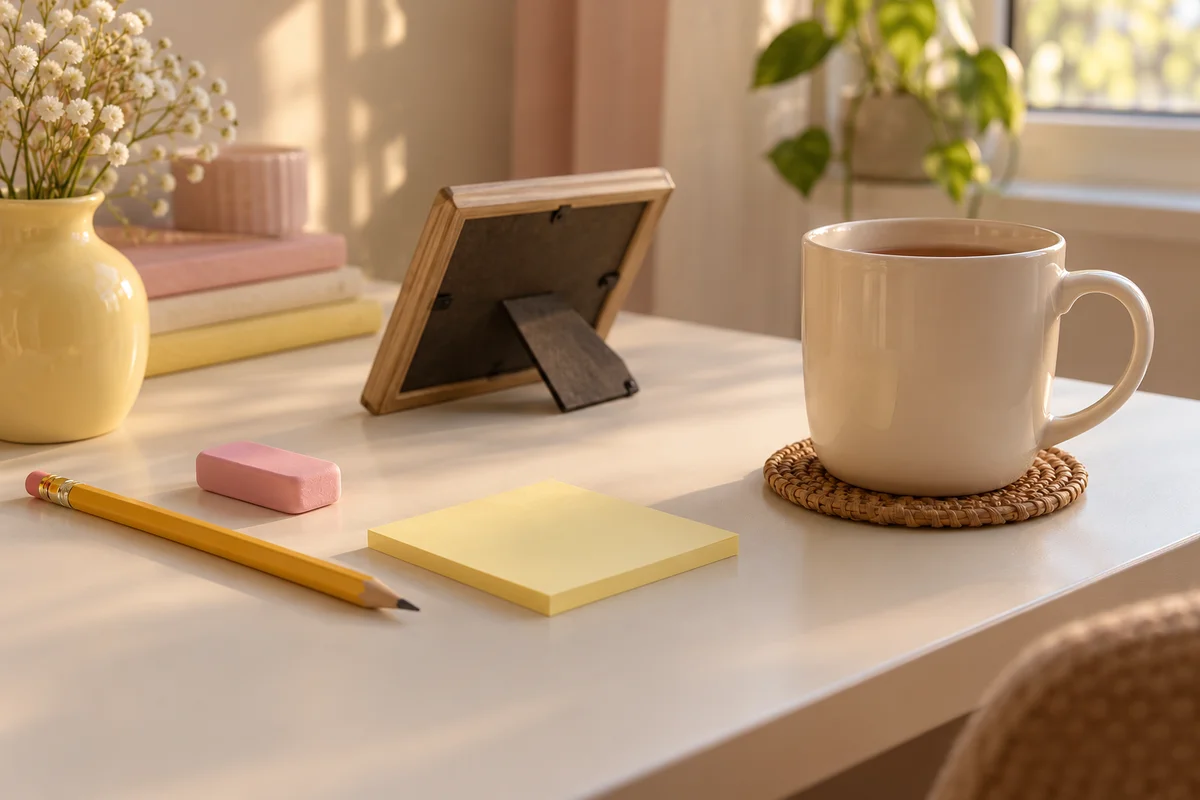 A pencil, an eraser and a blank sticky note beside a plain mug on a tidy desk.