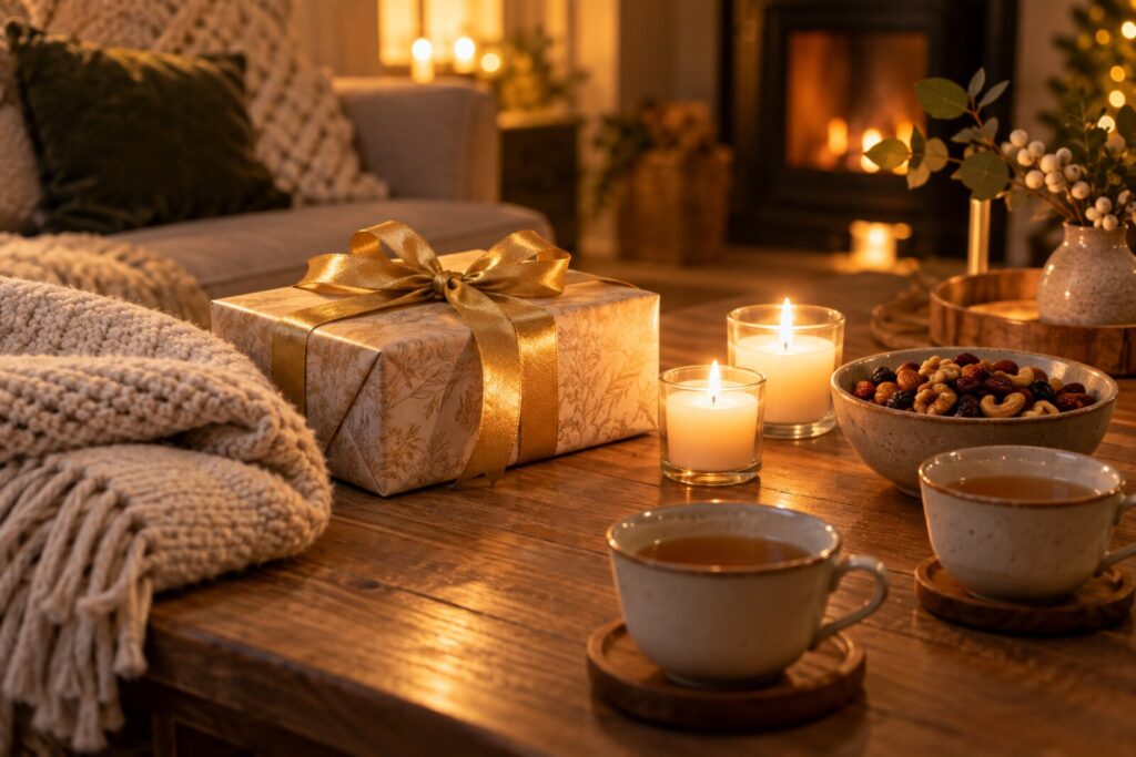 A gift box, two small candles in plain jars and a folded blanket on a warmly lit table.