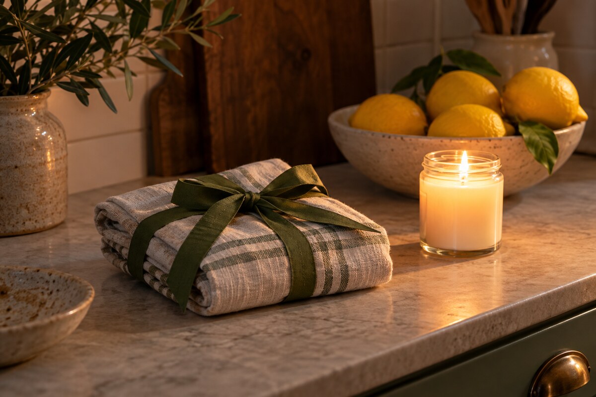 A gift wrapped in a folded tea towel tied with ribbon beside a candle on a counter