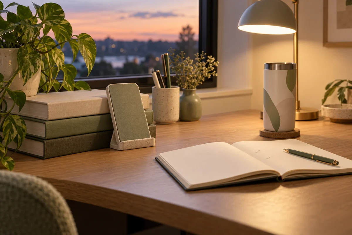 A phone propped on a stack of books beside a notebook and a tumbler on a desk.